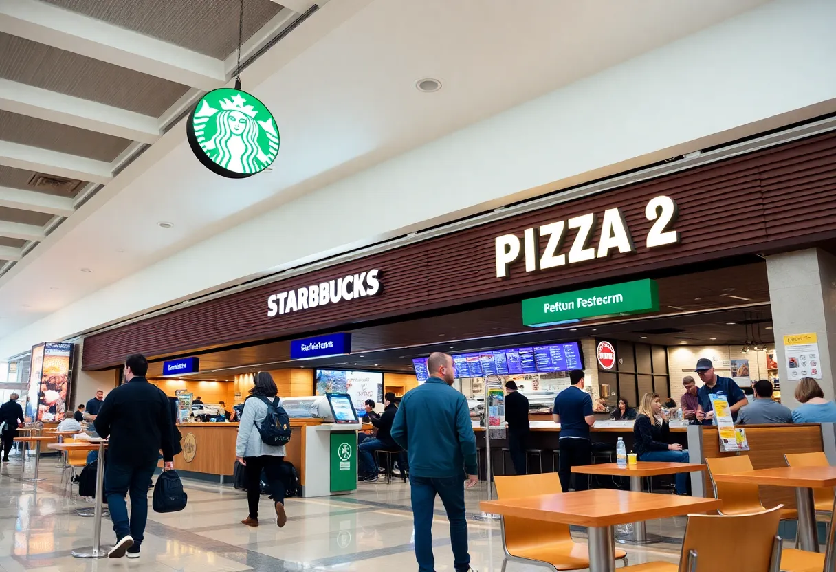 New dining area at Huntsville International Airport with Starbucks and Interstellar Pizza