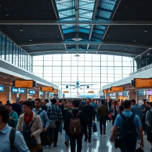 Passengers at Huntsville International Airport terminal
