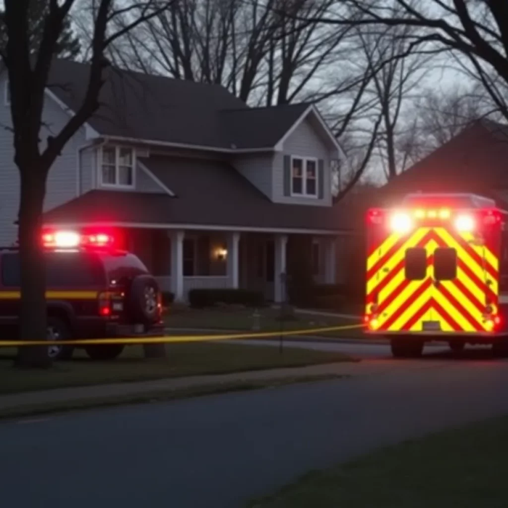 Emergency response vehicles at a house in Huntsville after a tragic event.