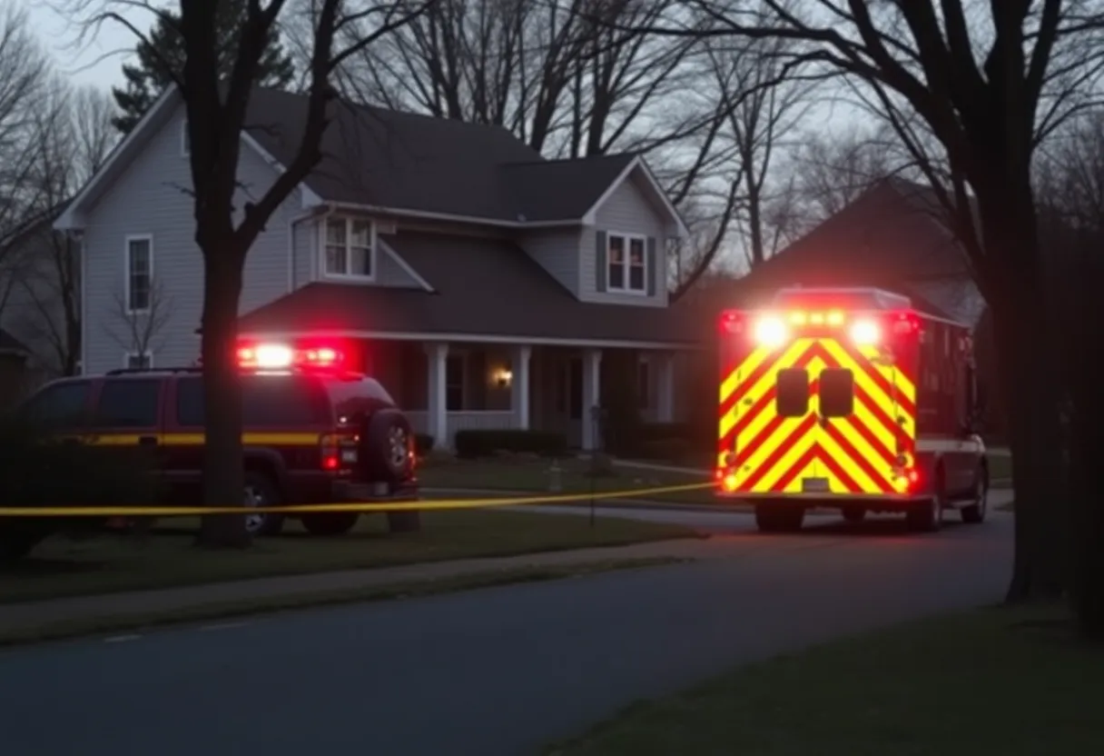 Emergency response vehicles at a house in Huntsville after a tragic event.
