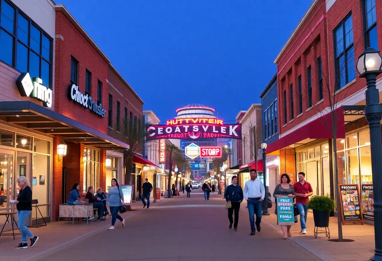 Vibrant streetscape in Huntsville with new shops and customers