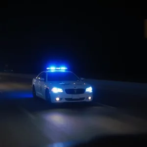 Police cars chasing a suspect on a highway at night