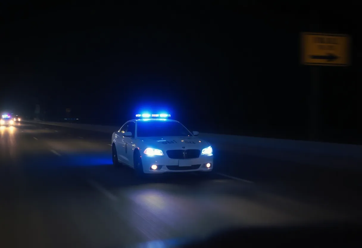Police cars chasing a suspect on a highway at night