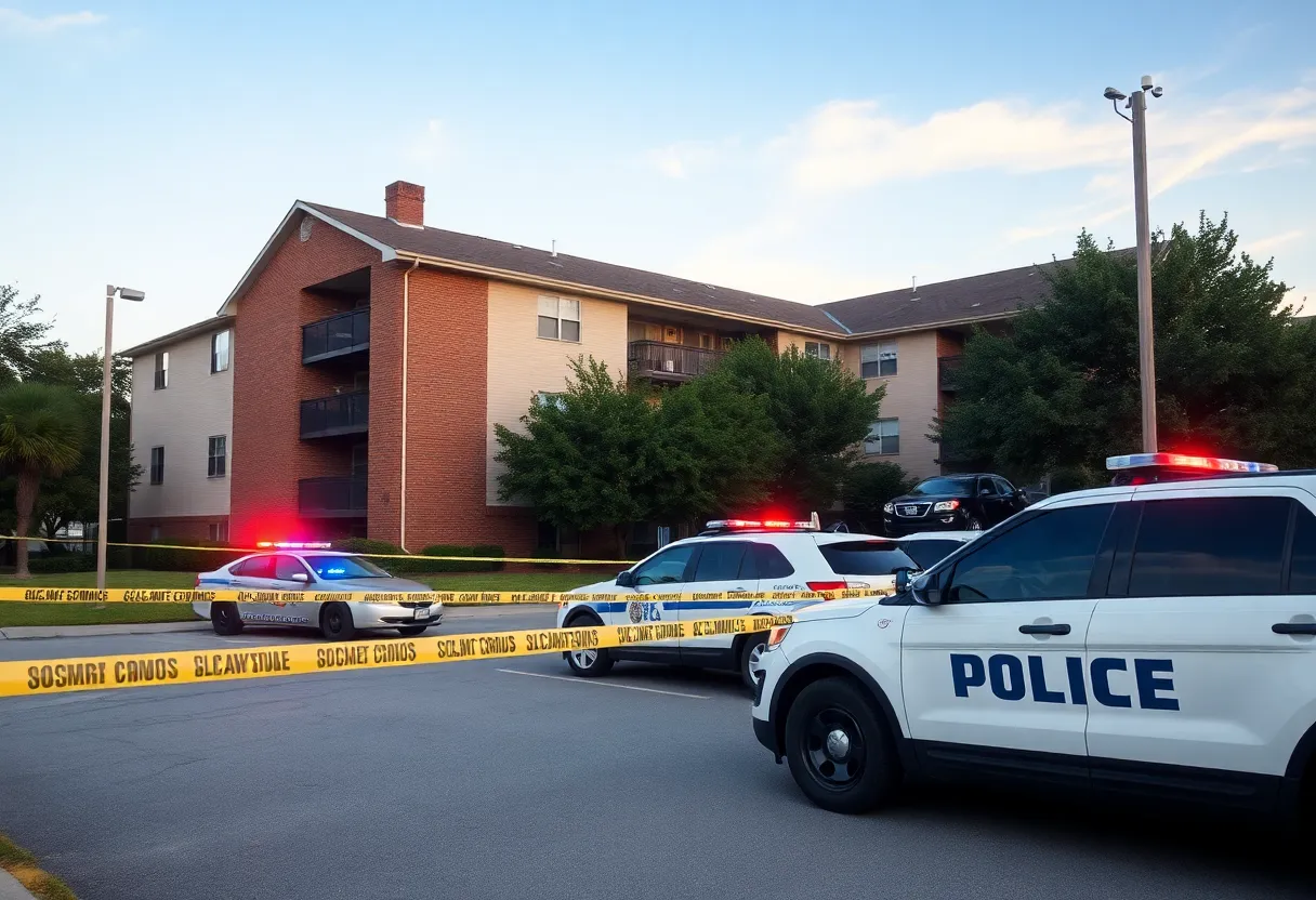 Police vehicles surrounding an apartment building in Huntsville, Alabama
