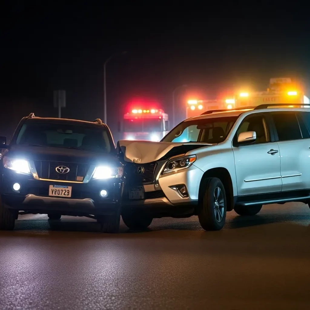 Scene of a head-on collision between two SUVs in Huntsville, Alabama