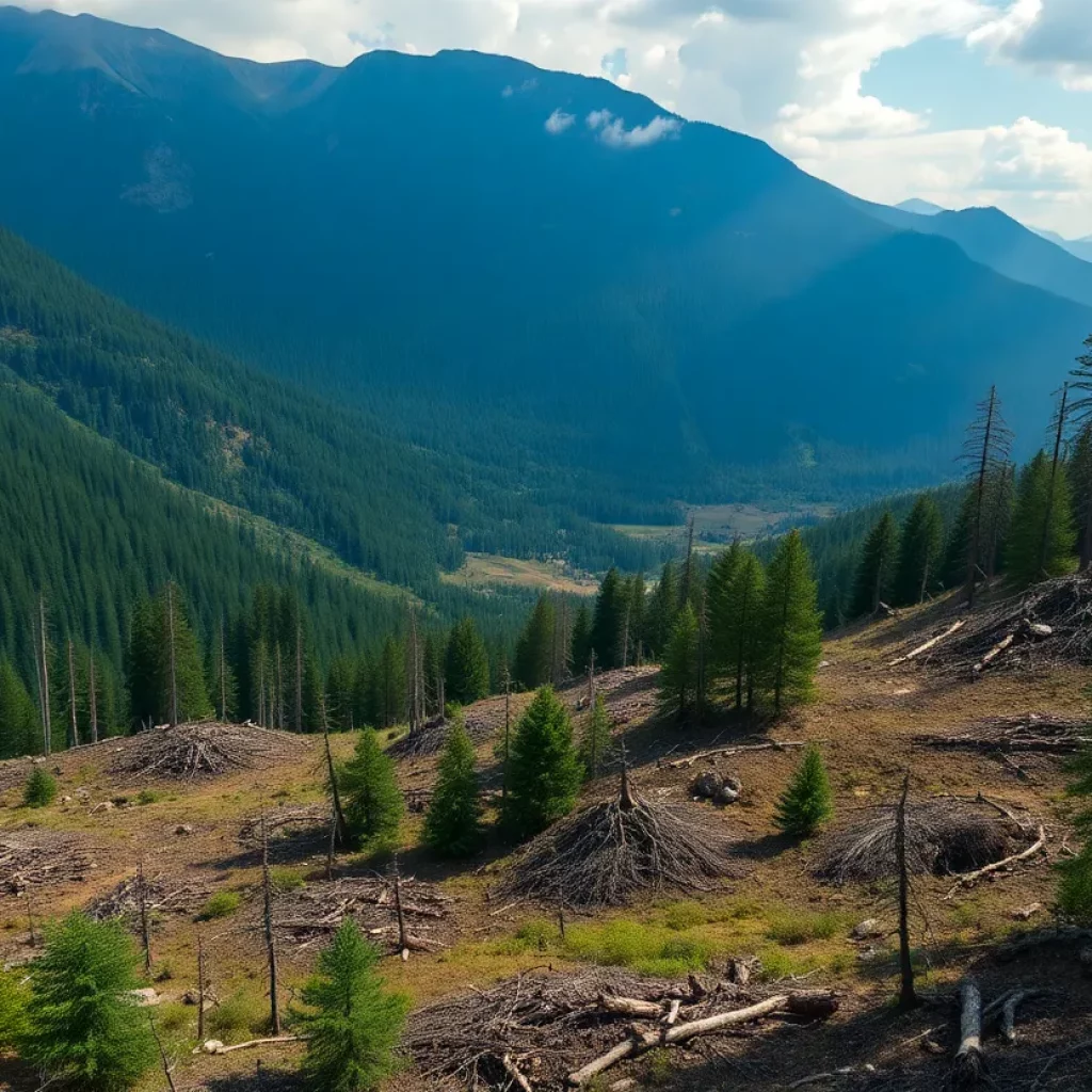 Disturbed land in a mountainous area affected by tree cutting violations in Huntsville.
