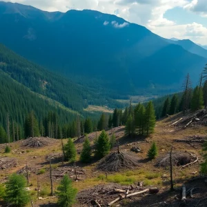 Disturbed land in a mountainous area affected by tree cutting violations in Huntsville.
