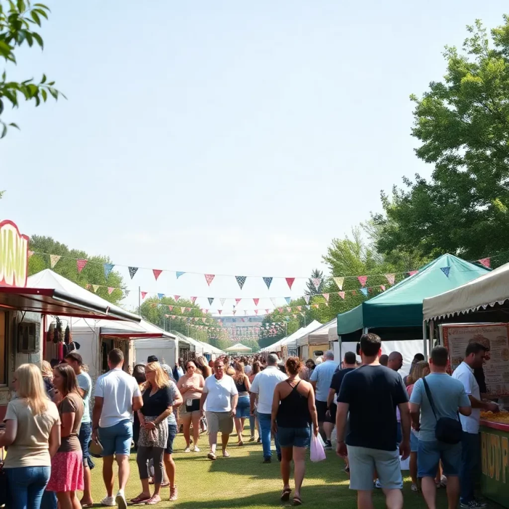 A lively scene from the Huntsville weekend festival featuring food trucks and attendees enjoying various activities.