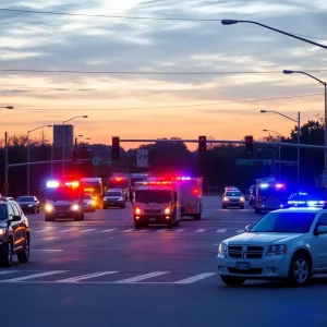 Emergency vehicles at a crash scene in Huntsville, Alabama