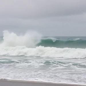 Coastal scene impacted by Hurricane Erin with heavy rain and rough seas