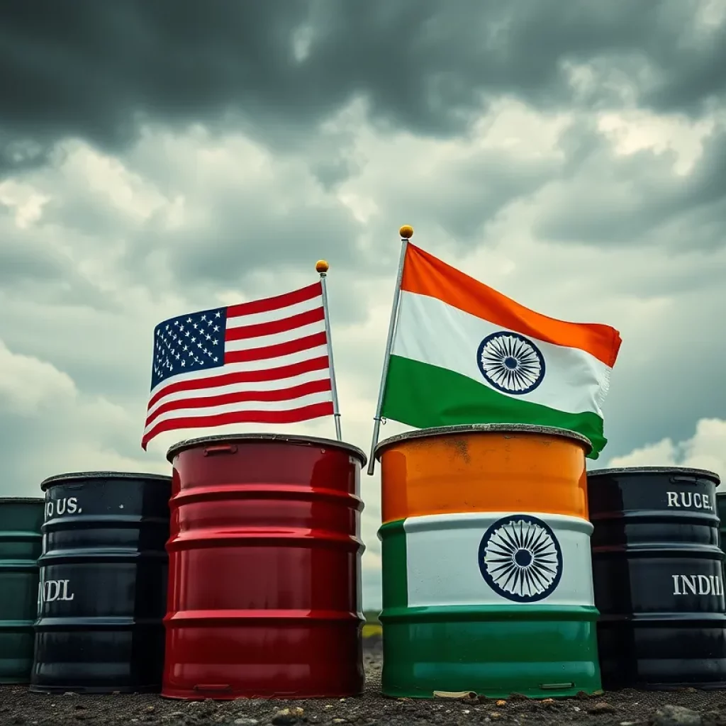 Illustration showing U.S. and Indian flags on oil barrels representing trade tensions.