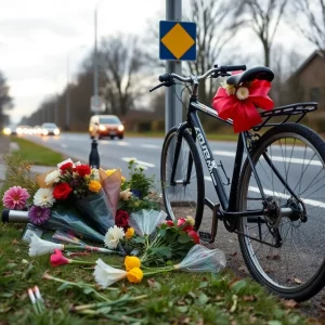 Memorial for 13-year-old Kallel Fox with flowers and a bike
