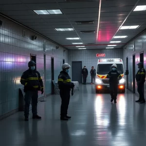Police officers and medical staff responding at a detention facility
