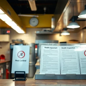 An inspected restaurant kitchen with visible cleanliness concerns and inspection reports.