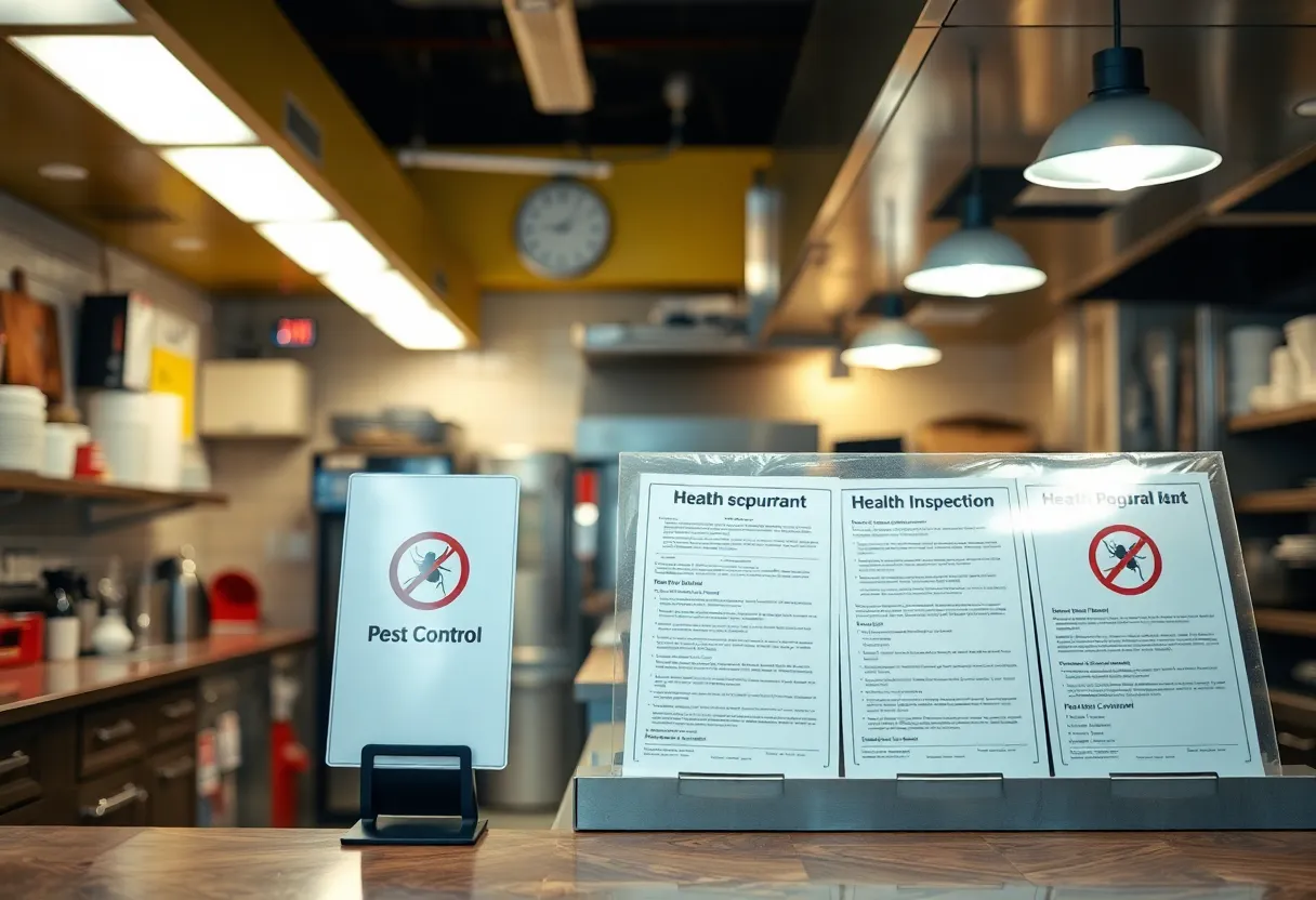 An inspected restaurant kitchen with visible cleanliness concerns and inspection reports.