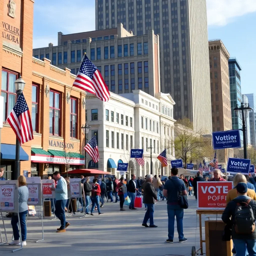 Voters participating in the Madison election with campaign signs in the foreground.