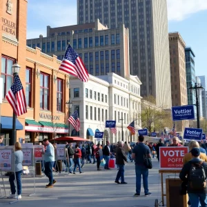 Voters participating in the Madison election with campaign signs in the foreground.