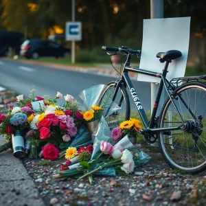 Memorial with flowers and a bicycle at the roadside