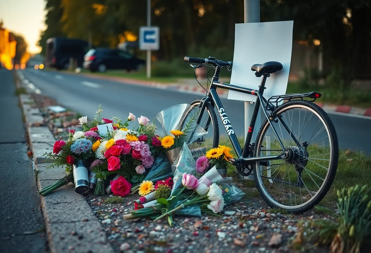 Memorial with flowers and a bicycle at the roadside