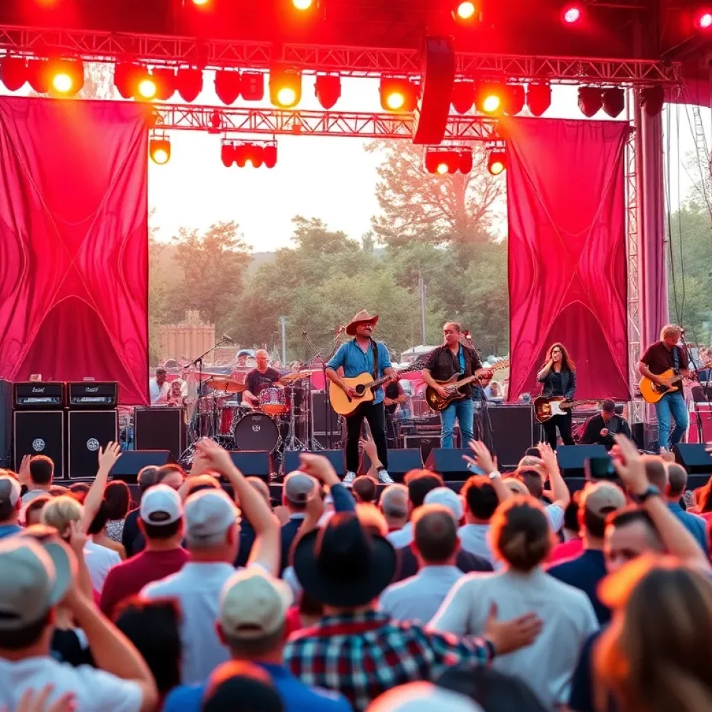 Country music band Alabama performing at Orion Amphitheater with Mark Herndon on stage.