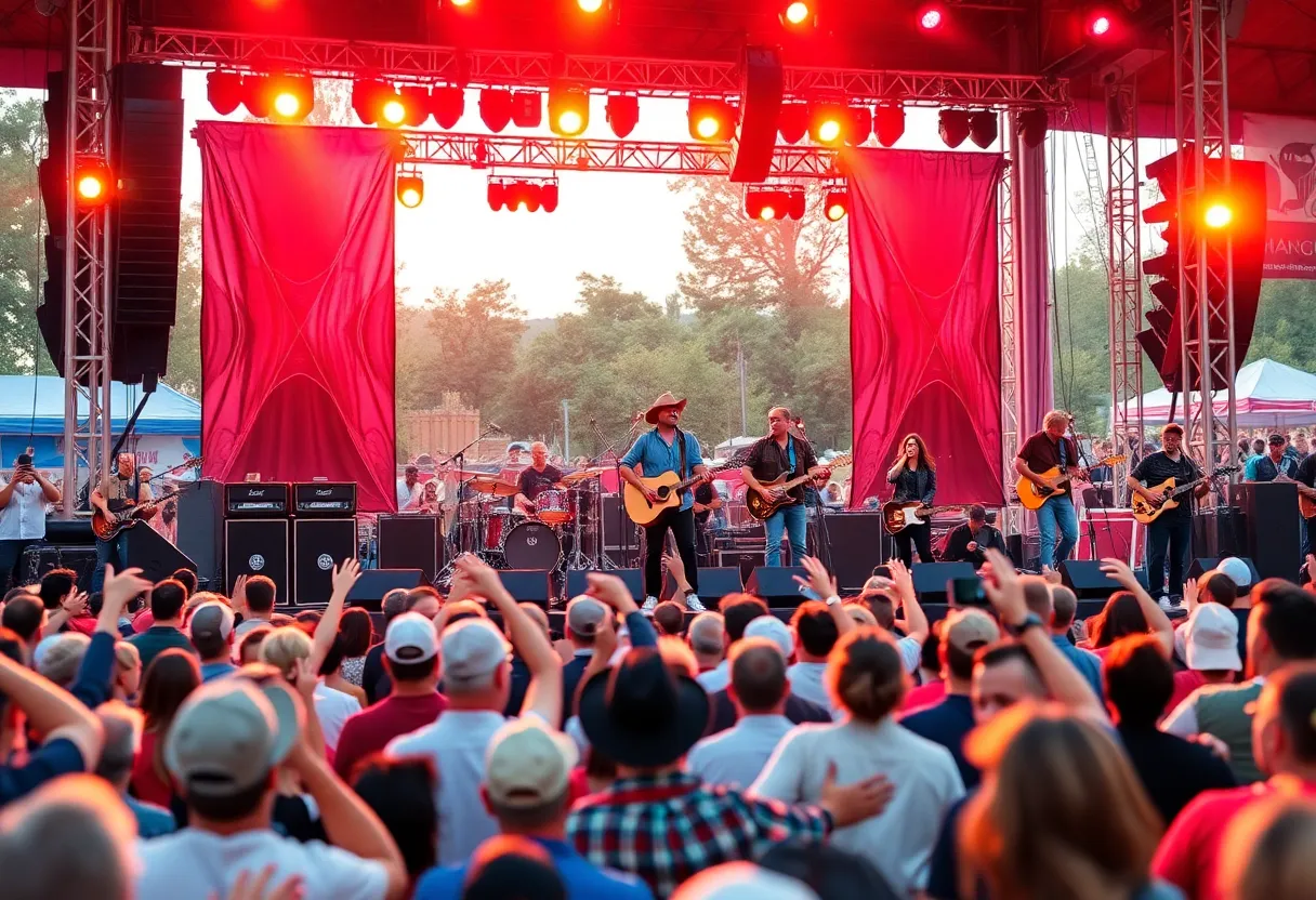 Country music band Alabama performing at Orion Amphitheater with Mark Herndon on stage.