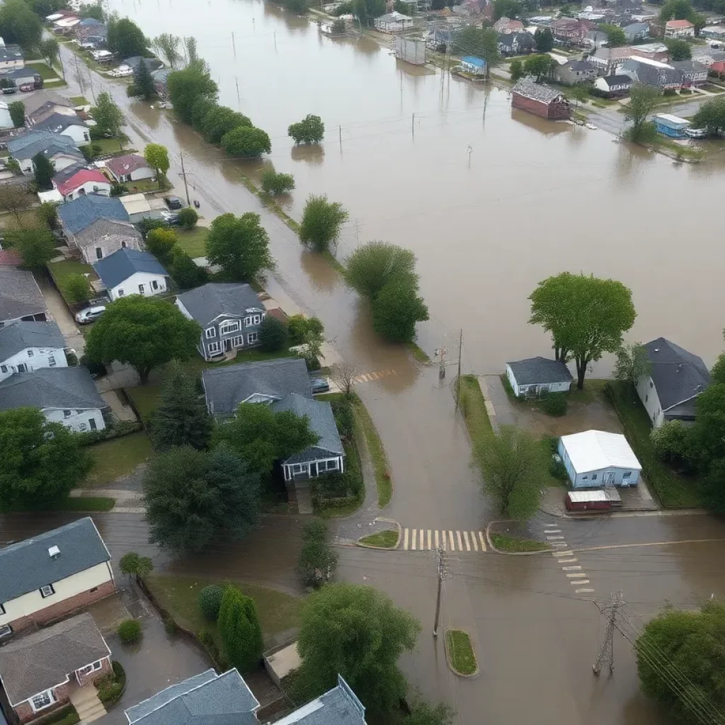 Aerial view of Milwaukee showing extensive flooding damage from heavy rainfall.