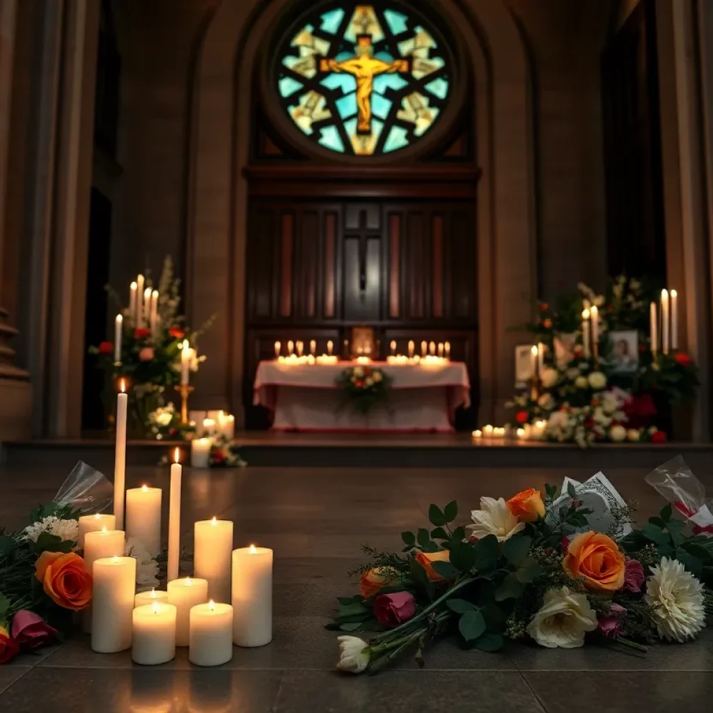 Candles and flowers at the entrance of a Catholic church in Minneapolis