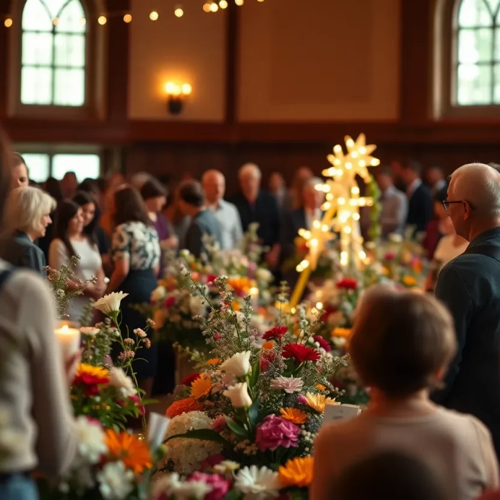 Memorial service in remembrance of Nancy Ann Cooper with flowers and candles.