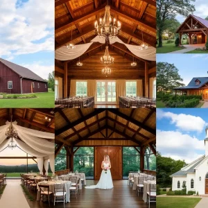 A variety of wedding venues in North Alabama featuring rustic, elegant, and garden styles.