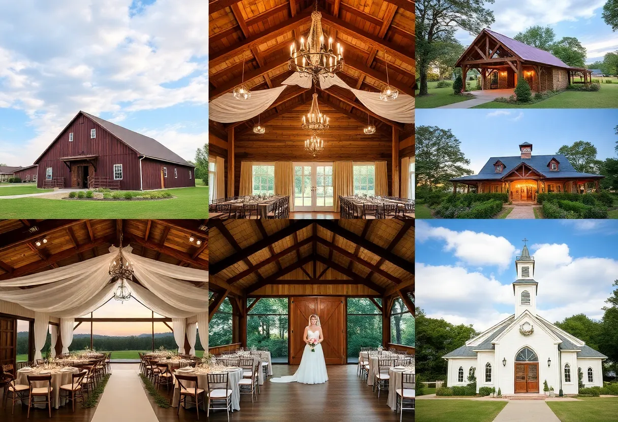 A variety of wedding venues in North Alabama featuring rustic, elegant, and garden styles.