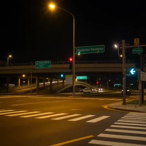 Dimly lit highway intersection highlighting pedestrian safety measures