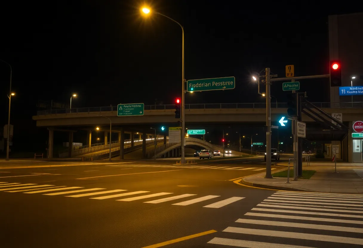 Dimly lit highway intersection highlighting pedestrian safety measures