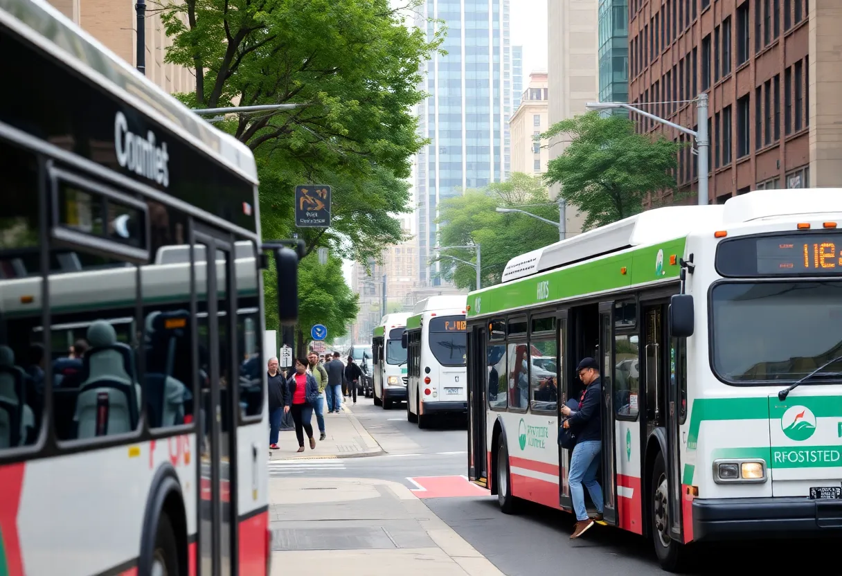 Students boarding a bus in Philadelphia after service restoration.