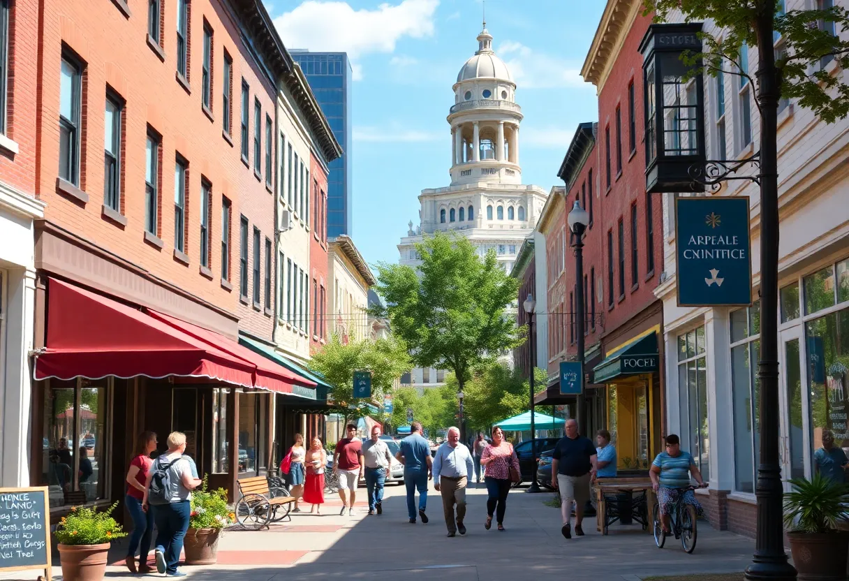 Street view of a mid-sized U.S. city with outdoor activities and community atmosphere