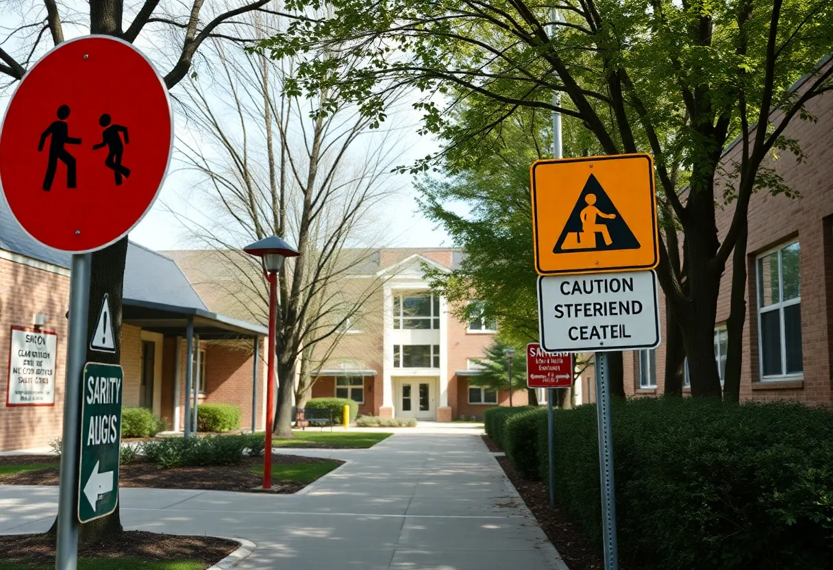 Caution signs at a school entrance highlighting safety protocols.