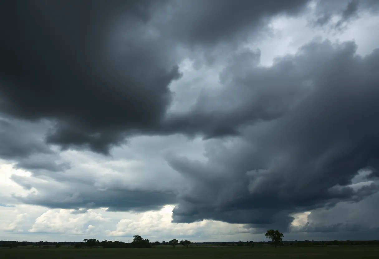 Stormy skies over Alabama with dark clouds indicating severe weather conditions.