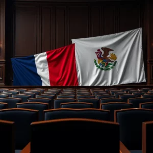 Legislative chamber with empty chairs representing Texas Democrats' absence.