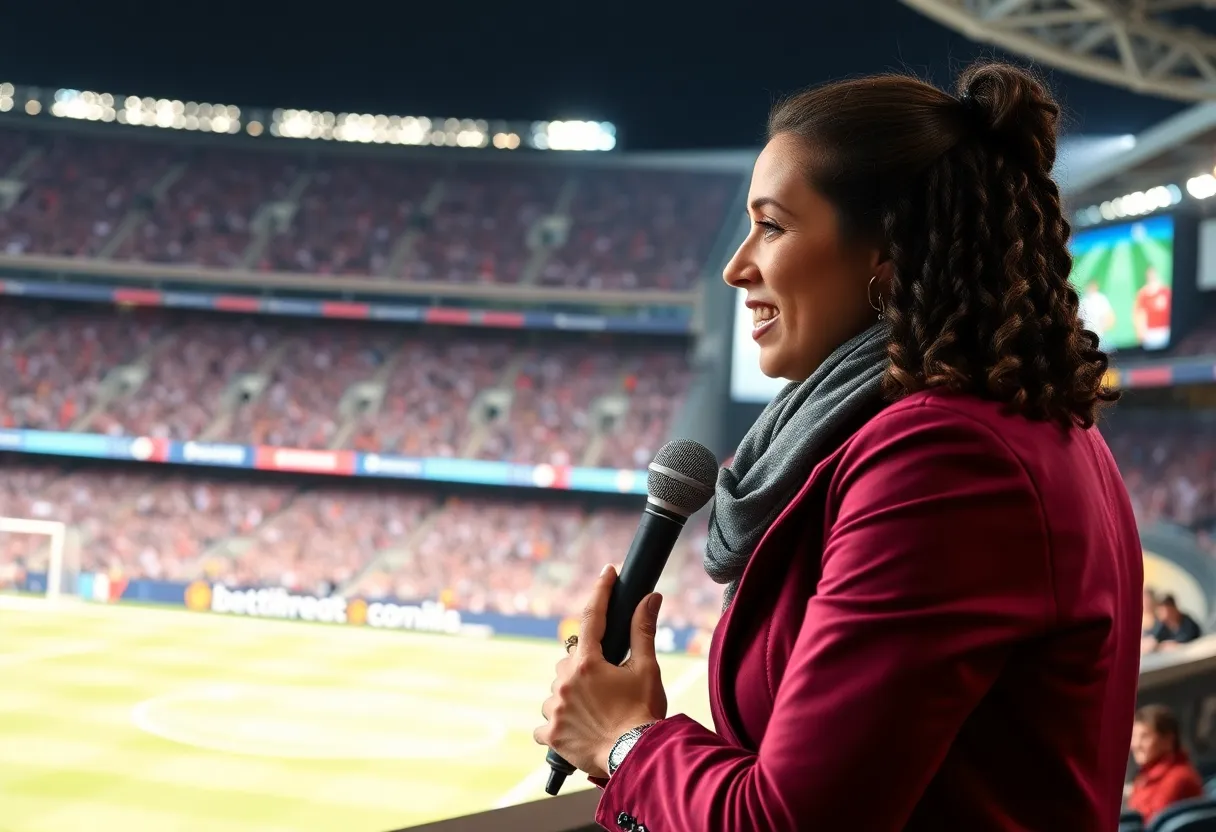 Female sports announcer broadcasting at a football game