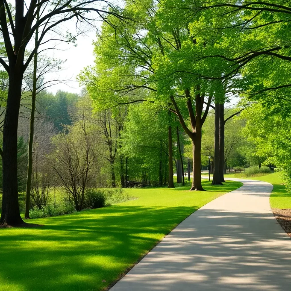 Scenic paved greenway for pedestrians and cyclists in Huntsville.