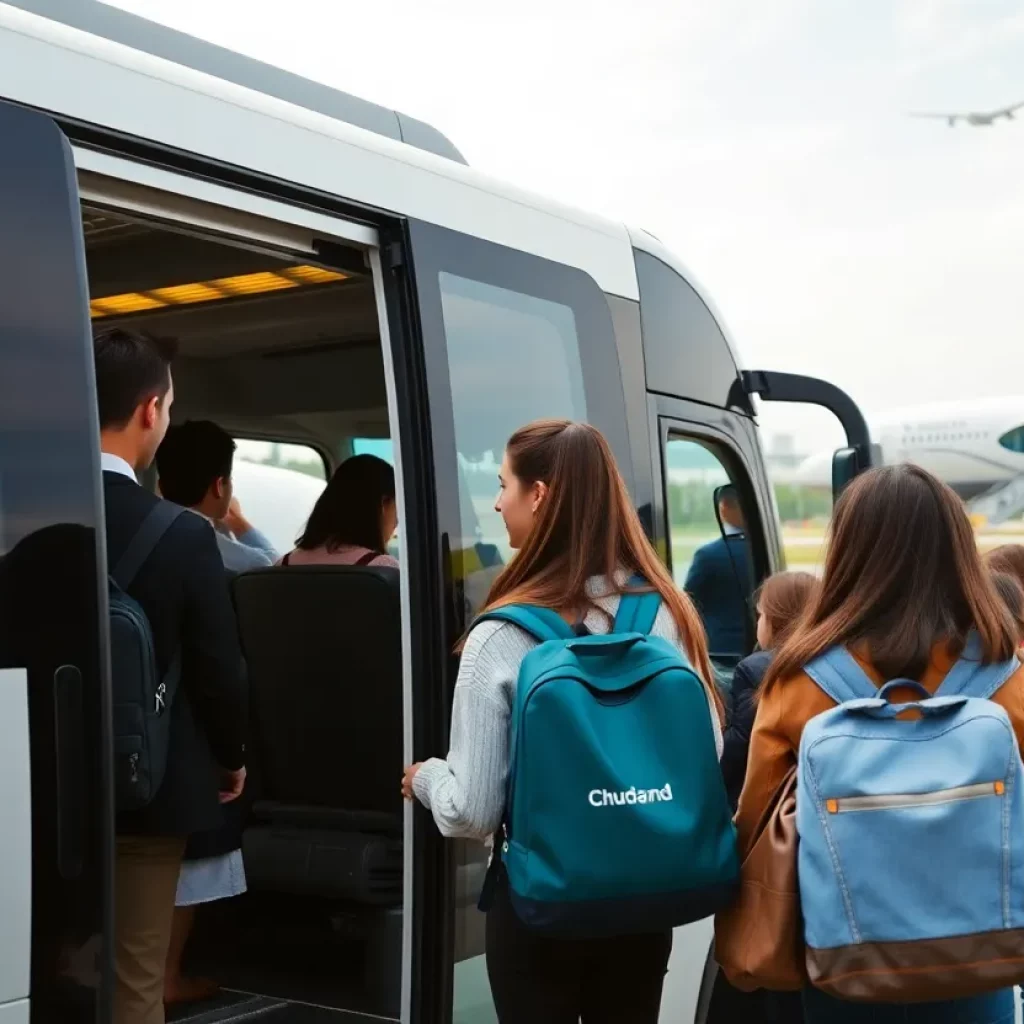 Students boarding shuttle bus for airport transit