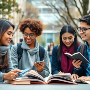 Students studying together on campus