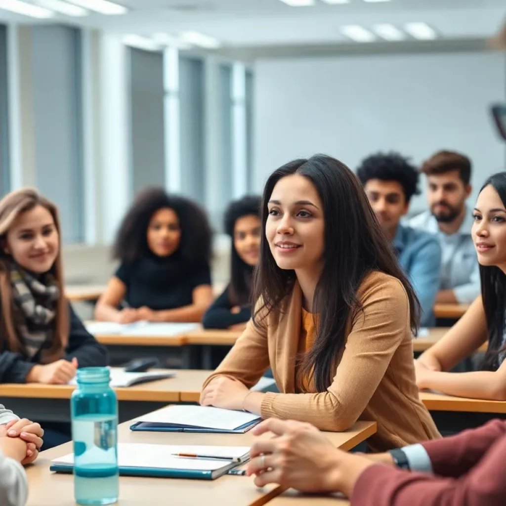 Diverse university classroom engaging in discussions on social justice.