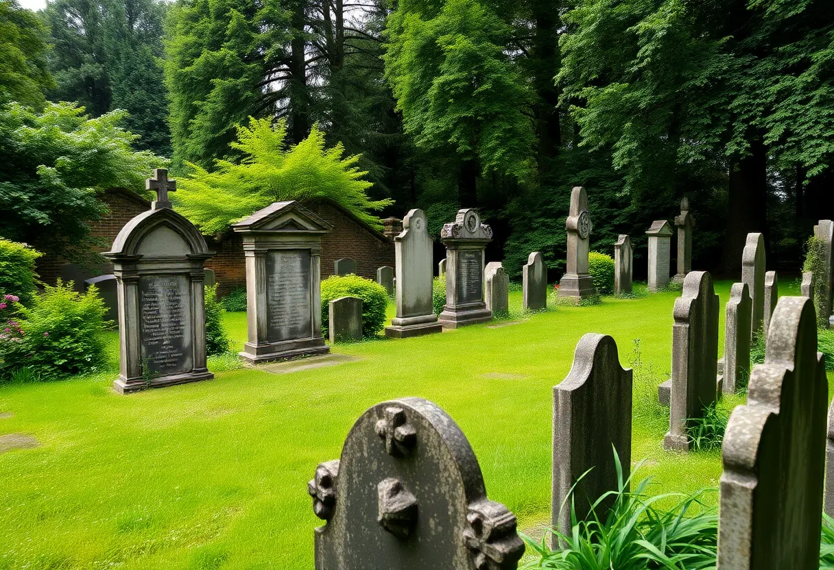 Historic Walker Cemetery with tombstones and green surroundings