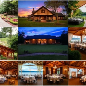 A collage of different wedding venues in Huntsville, Alabama, featuring gardens, barns, and elegant ballrooms.