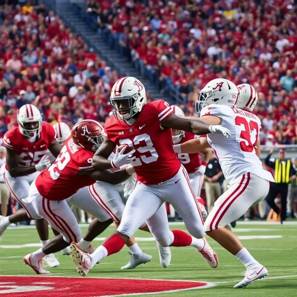 Alabama Crimson Tide football players in action during a game against ULM.