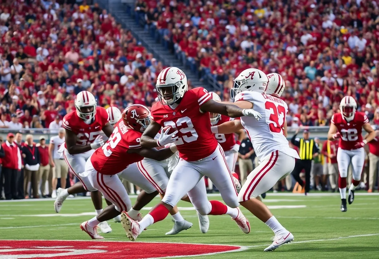 Alabama Crimson Tide football players in action during a game against ULM.