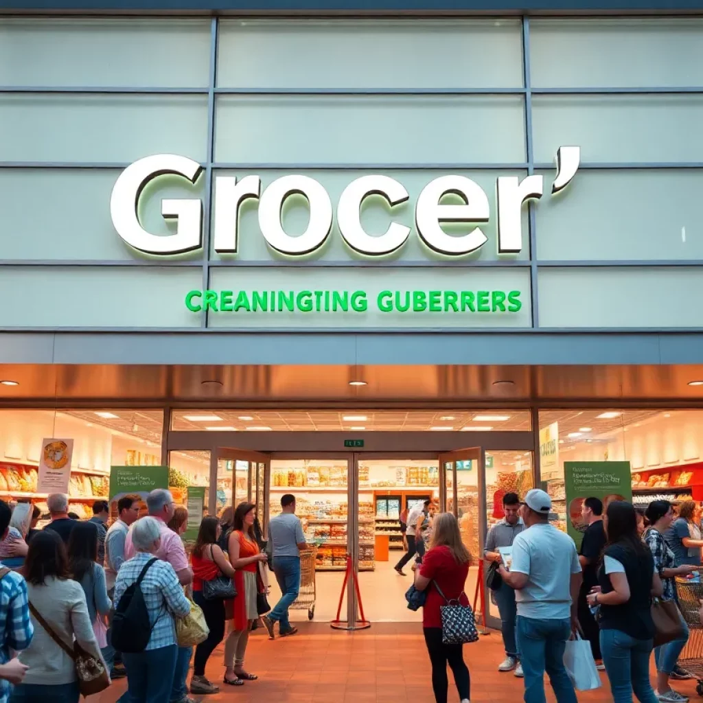 New ALDI grocery store opening with shoppers outside in Madison.