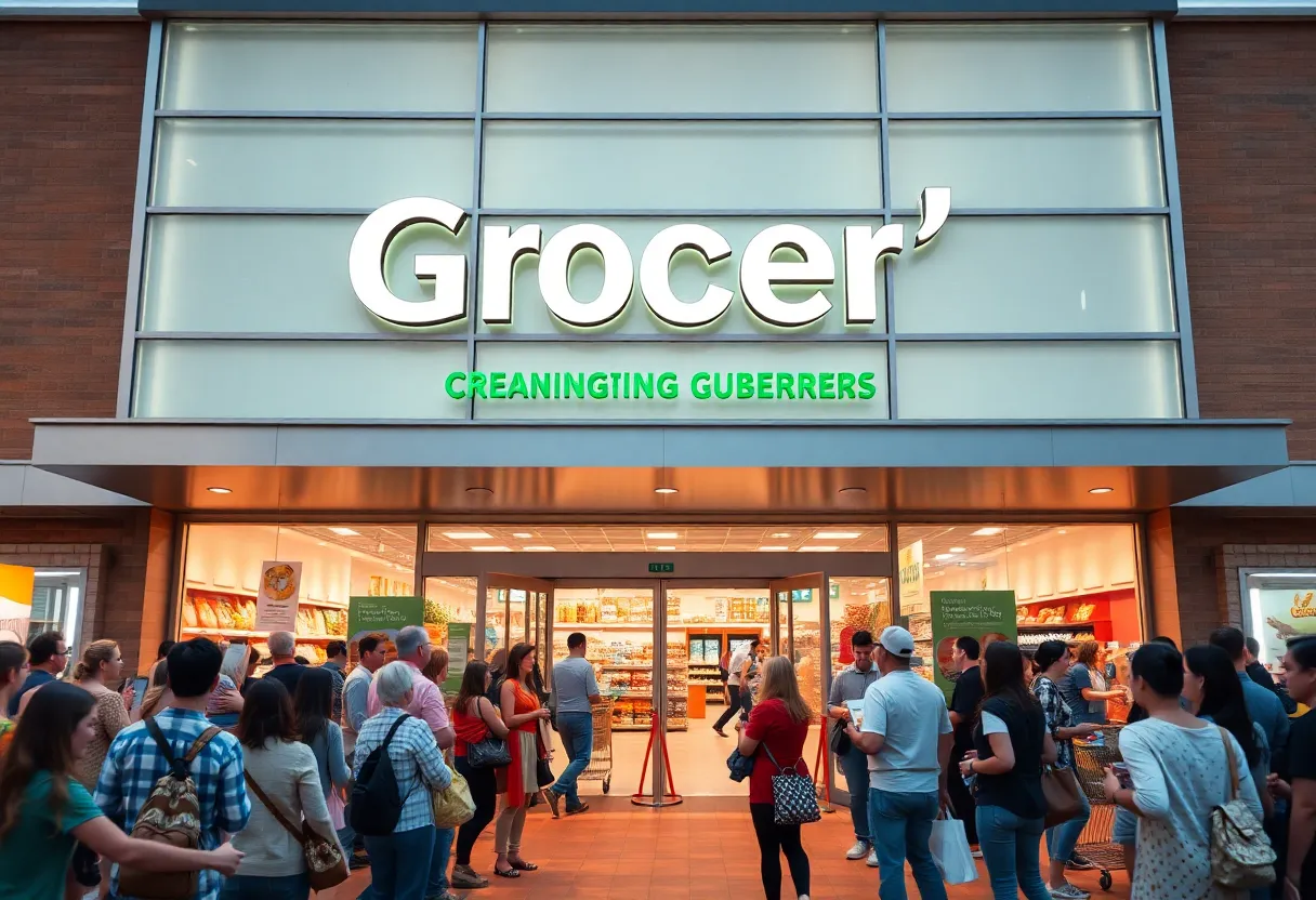 New ALDI grocery store opening with shoppers outside in Madison.