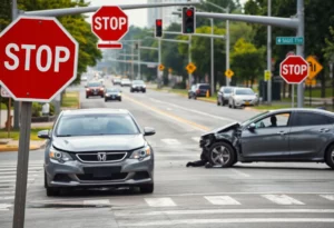 Damaged cars at an intersection following a car crash