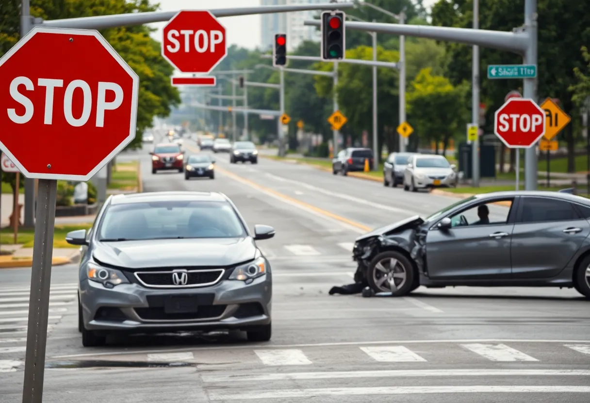 Damaged cars at an intersection following a car crash